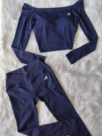 Elevate navy off shoulder top - side angle showing high stretch fit