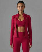 Scarlet lite jacket with thumbholes - form-skimming activewear jacket detai