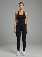 Black ribbed jumpsuit - women's seamless activewear front view