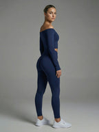 Navy seamless cross leggings - V-shaped waistband detail front angle