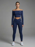 Navy off shoulder top - versatile multi-wear activewear with removable padding